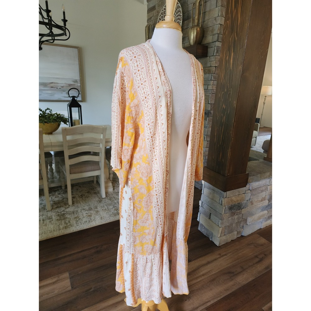 American Eagle Floral Mixed Print Long Kimono Cardigan Boho CottageYellow XS/S